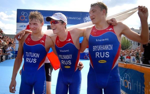 Russian men on the podium at Tiszaujvaros ITU Triathlon World Cup